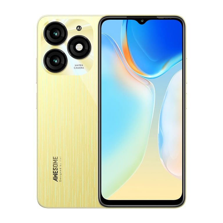 Itel A70 back and front view in golden color